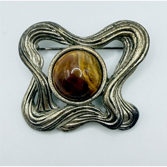 Vintage Tiger Eye Brooch Silver Tone Sculptural Pin 2 Inch - Picture 1 of 4